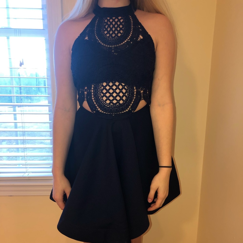 Blue lace cutout dress